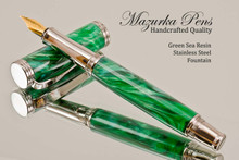 Handmade Writing Instrument Fountain Pen  Sea Green Poly Resin, Stainless Steel Finish - Main View