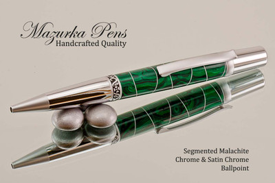 Handmade Ballpoint Pen in Aluminum Banded Malachite, Chrome / Satin Chrome Finish - Side  View