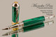 Handmade Rollerball Pen handcrafted from Malachite TruStone with Rhodium and Gold finish.  Side view of pen and cap.