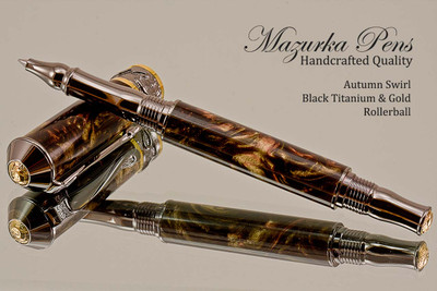 Handmade Rollerball Pen handcrafted from Charoite TruStone with Black Titanium and Gold finish.  Main view of pen and cap.