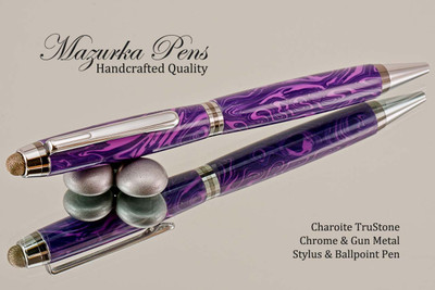 Handmade Stylus / Ballpoint Pen, Charoite TruStone, Chrome and Gunmetal Finish - Looking from top of Ballpoint Pen