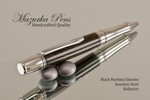 Handmade Ballpoint Pen made from Black / Brown Ebonite with Stainless Steel finish.  Main view of pen.
