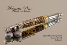 Handmade Ballpoint Pen handcrafted from Spalted Hackberry wood Chrome and Gold finish. 