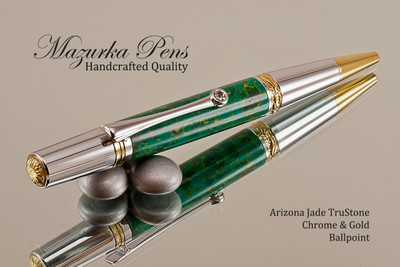 Handmade Ballpoint Pen, Arizona Jade TruStone Art Deco Ballpoint Pen, Gold and Chrome Finish - Looking from Top of Ballpoint Pen
