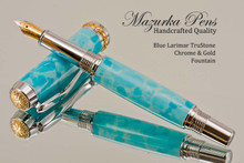 Handmade Fountain Pen handcrafted from Blue Larimar TruStone with Chrome and Gold finish.  Main view of pen.