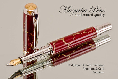 Handmade Fountain Pen handcrafted from Red Jasper & Gold TruStone with Rhodium and Gold finish.  Cap view of pen and cap.