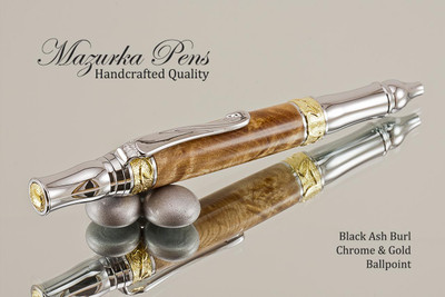 Handmade pen made from Black Ash Burl with Gold and Chrome finish.  Handcrafted pen.  Main view of pen 