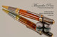Handmade Ballpoint Pen handcrafted from Amboyna Burl wood Black Titanium and Gold finish.  Side view of pen.