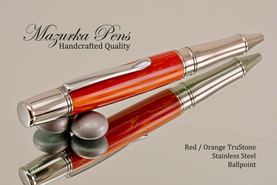 Handmade Ballpoint Pen made from Red and Orange TruStone with Stainless Steel finish.  Main view of pen.