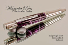 Handmade Ballpoint Pen made from Deep Purple Swirl Resin with Stainless Steel finish.  Main view of pen.