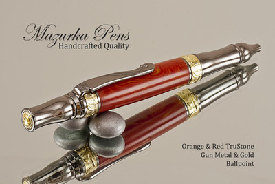 Handmade Ballpoint Pen made from Red and Orange TruStone with Gun Metal / Gold color finish.  Top view of pen.