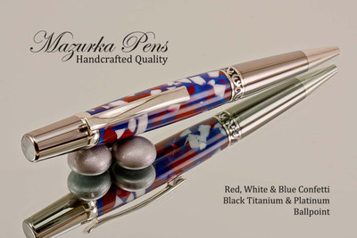 Handmade Ballpoint Pen made from Red, White and Blue Acrylic Resin with Black Titanium  / Platinum finish.  Main view of pen.