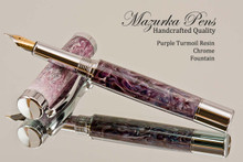 Handmade acrylic pen made from Purple Turmoil swirl poly resin.  Handcrafted Fountain Pen - made in our shop, no two alike.  Side view of pen body