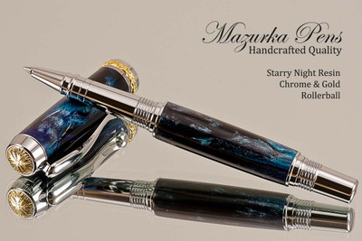 Handmade acrylic pen made from Starry Night swirl poly resin.  Handcrafted Rollerball Pen - made in our shop, no two alike.  Side view of pen body