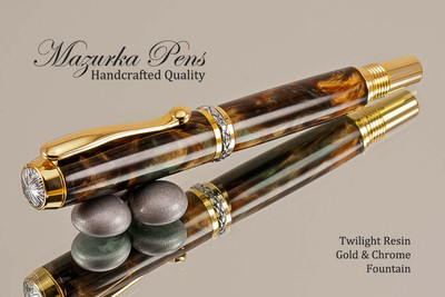 Handmade Fountain Pen handcrafted from Twilight Poly Resin with Gold and Chrome finish.  Main view of pen.