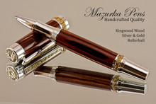 Handcrafted wood pen made from Kingwood with Sterling Silver and Gold finish.  