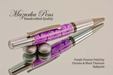 Handmade Ballpoint Pen in Purple Passion Polymer Clay, Chrome and Black Titanium Finish - Top View