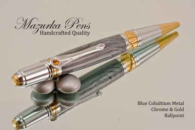 Handmade Metal Black Lava and Cobaltium Chrome & Gold Ballpoint Pen.  Main view of pen