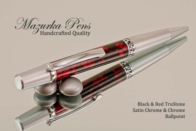 Handmade Ballpoint Pen handcrafted from Red and Black TruStone with Satin Chrome/Chrome finish.  Main view of pen.
