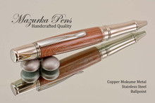 Handmade Metal (M3) Copper Mokume Stainless Steel Ballpoint Pen.  Main view of pen