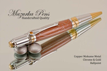 Handmade Metal M3 Copper Mokume Chrome & Gold Ballpoint Pen.  Main  view of pen