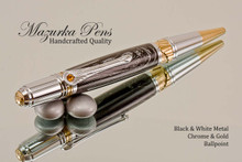 Handmade Metal Black and White M3 Chrome & Gold Ballpoint Pen.  Main view of pen