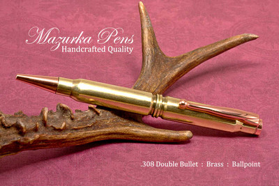 Handmade Double .308 Caliber Ballpoint Bullet Cartridge Pen, Brass Finish - Looking from Side of Pen (stock photo)
