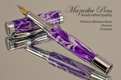 Handmade acrylic pen made from Wisteria Blossom Resin swirl poly resin.  Handcrafted Fountain Pen - made in our shop, no two alike.  Main view of pen body