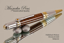 Handmade Ballpoint Pen, Fiddleback Walnut Chrome and Gold Finish - Main view of Ballpoint Pen