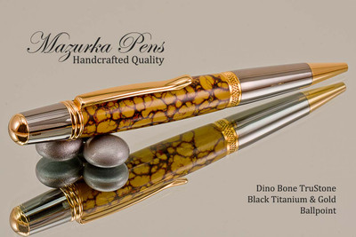 Handmade Dino Bone TruStone Ballpoint Pen, Black Titanium/Gold Finish - Looking from Top of Ballpoint Pen