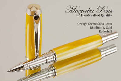 Handmade rollerball pen made from Orange Creme Soda Resin with Rhodium / Gold.  Handcrafted pen by our artist.  Main view of pen cap.