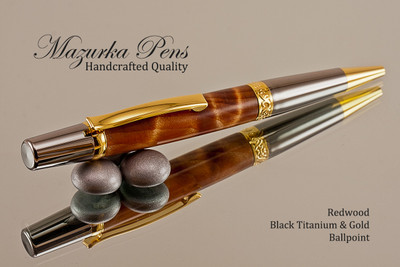Handmade pen made from Curly Redwood with Black Titanium / Gold finish.  