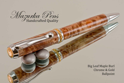 Handmade pen made from Big Leaf Maple Burl with Chrome Gold color finish.  Handcrafted pen.  Main view of pen 