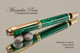 Handcrafted Rollerball Pen made from Malachite with Gold and Black finish.  Side view of pen and cap.
