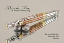 Handmade Ballpoint Pen handcrafted from Big Leaf Maple Chrome and Gold finish.  Main view of pen.