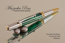 Handmade Ballpoint Pen, Emerald City Resin Pen, Chrome and Gold Finish - Looking from top of Ballpoint Pen