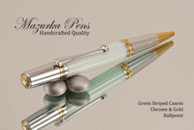 Handmade Ballpoint Pen, Alternate Green Gray Casein Ballpoint Pen, Gold and Chrome Finish - Looking from top of Ballpoint Pen