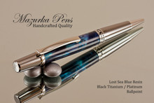 Handmade Ballpoint Pen, Lost Sea Blue Acrylic Resin Pen, Black Titanium and Platinum Finish 