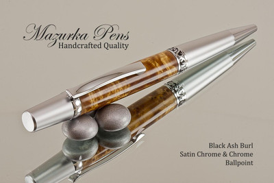 Handmade Ballpoint Pen, Black Ash Burl, Satin Chrome & Chrome Finish - Looking from Top of Ballpoint Pen
