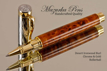 Handmade Rollerball Pen made from Desert Ironwood Burl with Gold colored finish with Chrome Accents.  Main view of pen.