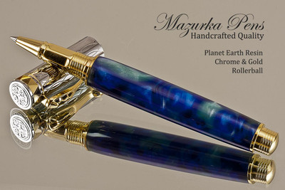 Handmade Rollerball Pen made from Planet Earth Resin with Chrome finish / gold colored accents.  Main view of pen.