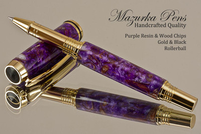 Handmade Rollerball pen made from Purple Wood Chip Resin with Gold color finish / black accents.  Handcrafted pen by our artist.  Top view of pen tip.