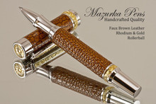 Handmade Rollerball pen made from Brown Faux Leather with Rhodium / Gold finish.   Main view of pen 