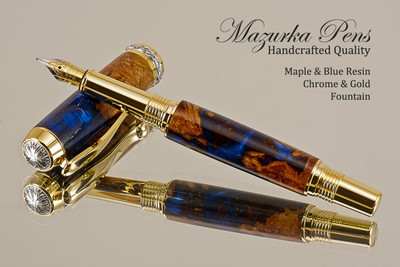 Handmade Blue Resin / Big Leaf Maple Burl Fountain Pen with Black Titanium / Gold trim.  Main view of pen.