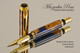 Handmade Blue Resin / Big Leaf Maple Burl Rollerball Pen with Black  / Gold trim.  Side view of pen.
