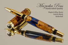 Handmade Blue Resin / Big Leaf Maple Burl Rollerball Pen with Black  / Gold trim.  Main view of pen.