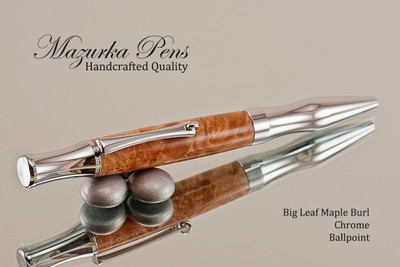 Handmade Ballpoint Pen handcrafted from Big Leaf Maple with Chrome  finish. 