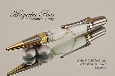 Handmade Art Deco Ballpoint Pen, White and Gold TruStone Art Deco Ballpoint Pen, Black Titanium / Gold color Finish - Looking from bottom  of Ballpoint Pen