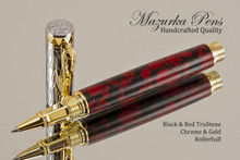 Hand Made Rollerball Pen, made from Black and Red TruStone with Gold and Chrome finish.  Main view of pen and cap.