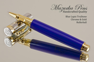 Hand Made Rollerball Pen, made from Blue Lapis TruStone with Gold and Chrome finish.  Main view of pen and cap.